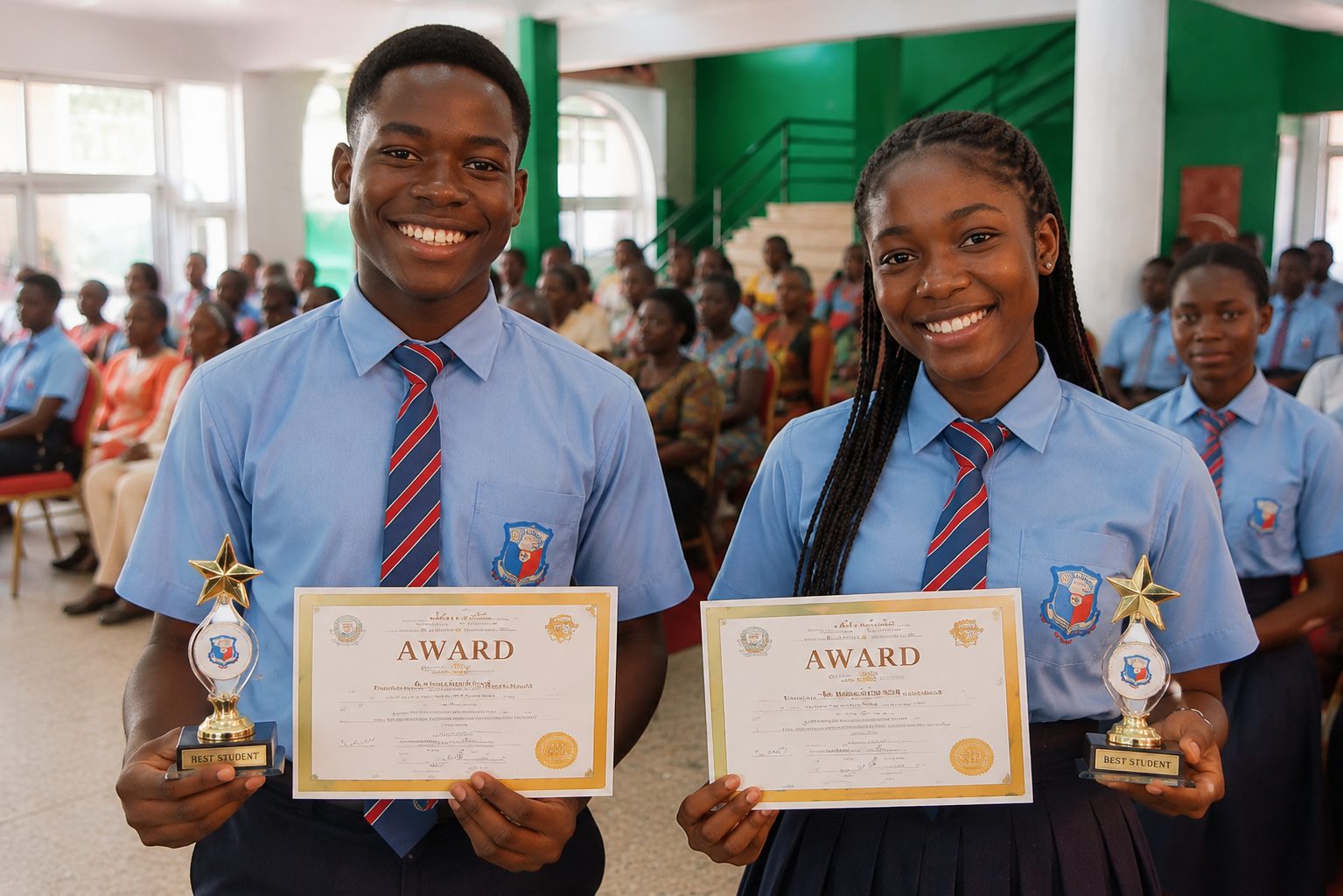 Two award-winning students holding certificates and trophies